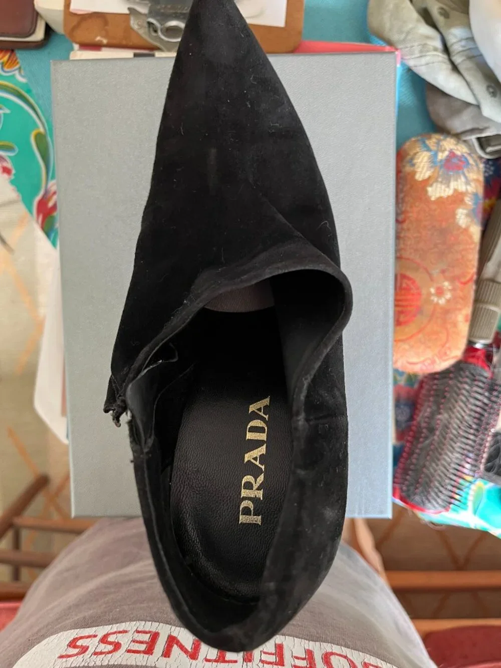 Authentic Prada Calzature Donna Black Suede Ankle Booties Side Zip 38.5 US 8.5